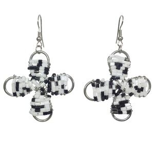 Black & White Glass Bead Wire Wrapped Daisy Dangle Earrings